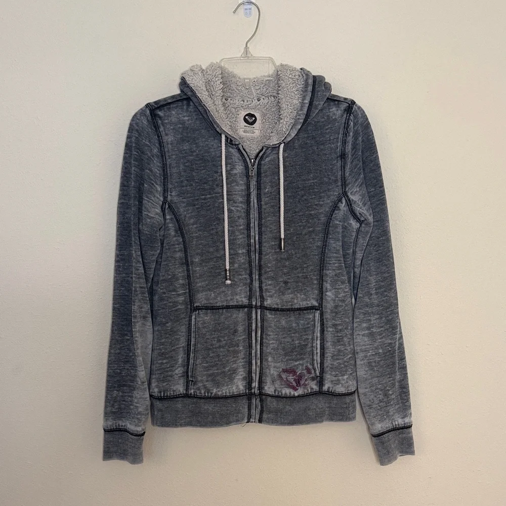 Roxy Gray Faded Zip-Up Hoodie with Sherpa Lining Women SizeM - Picture 1 of 6
